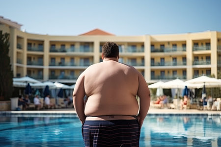 Back view of fat man with overweight standing near swimming pool at hotel resort. Problem of obesity during summer holidays. Created with Generative AIの素材