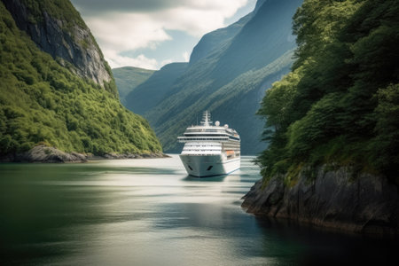Large cruise ship in fjords. Tourism vacation and summer traveling. Luxury liner ship in beautiful landscape with mountains. Created with Generative AIの素材