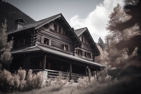 Wooden cottage in mountains. Old hut cabin in forest. Living building in nature landscape. Place for relax. Created with Generative AIの素材