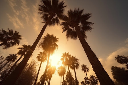 Palm tree silhouettes against sunset sky. Tropical background. Created with Generative AIの素材