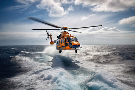 Search and rescue operation in sea. Emergency rescue helicopter flies over sea surface, looking for victims after crash. Generative AIの素材