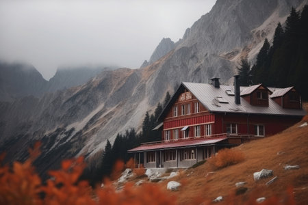 Wooden cottage in mountains. Old hut cabin in forest. Living building in nature landscape. Place for relax. Created with Generative AIの素材
