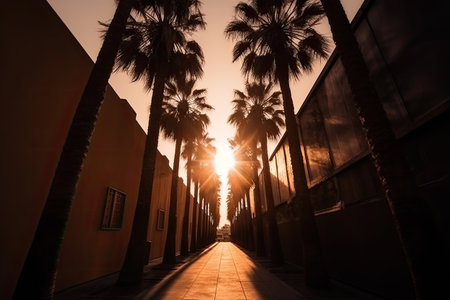 Palm tree silhouettes against sunset sky. Tropical background. Created with Generative AIの素材