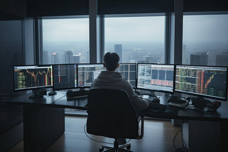 Trader at workplace analising stock exchange graphs. Man sitting at table, looking at screen with stock market charts. Financial crisis and inflation. Created with Generative AIの素材