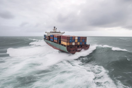Cargo ship with containers on board in stormy sea. Strong waves damaged cargo ship, wrecked containers in water. Created with Generative AIの素材