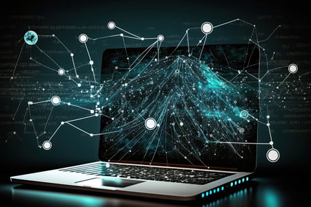 Digital data and network connection on laptop screen. Big data analysis. Network information and data protection concept. Generative AIの素材