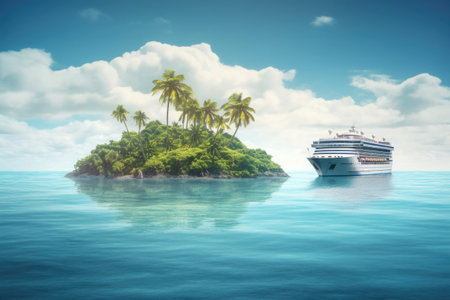 Large cruise ship in tropical landscape. Tourism vacation and summer traveling. Luxury liner ship in the sea. Created with Generative AIの素材