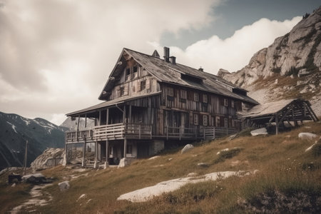 Wooden cottage in mountains. Old hut cabin in forest. Living building in nature landscape. Place for relax. Created with Generative AIの素材