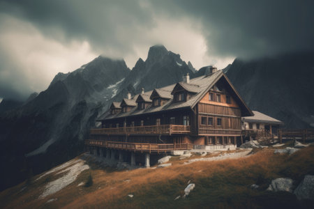 Wooden cottage in mountains. Old hut cabin in forest. Living building in nature landscape. Place for relax. Created with Generative AIの素材