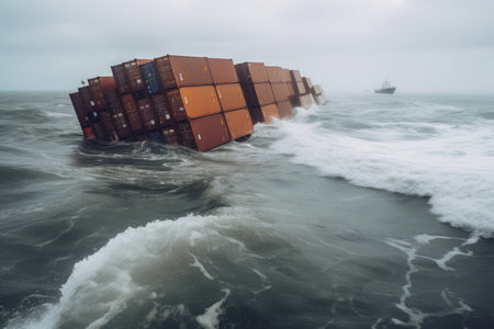 Cargo ship with containers on board in stormy sea. Strong waves damaged cargo ship, wrecked containers in water. Created with Generative AIの素材