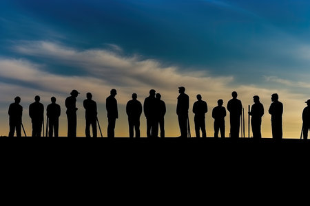 Engineers team silhouette. Builder workers team at sunset. Created with Generative AIの素材