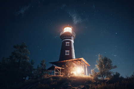 Lighthouse with beam glowing in the dark against background of starry sky. Navigation for ships at sea. Created with Generative AIの素材