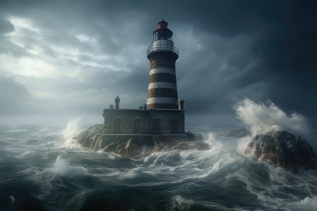Sea landscape with stormy waves and lighthouse. Navigation for ships at sea. Created with Generative AIの素材