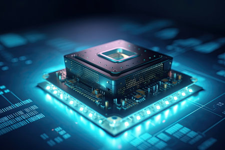 Quantum microchip processor on circuit board. Futuristic digital technology. Created with Generative AIの素材