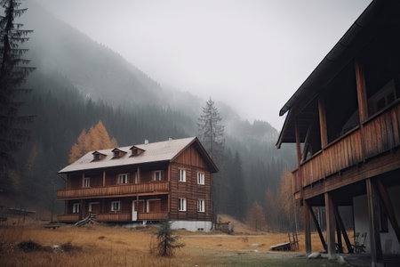 Wooden cottage in mountains. Old hut cabin in forest. Living building in nature landscape. Place for relax. Created with Generative AIの素材