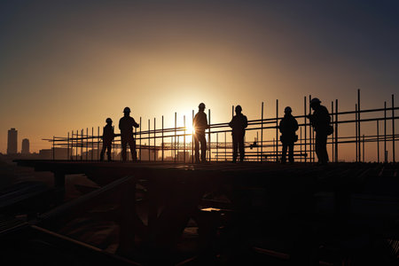 Engineers silhouettes at construction site. Builder workers team at sunset. Urban infrastructure development. Created with Generative AIの素材