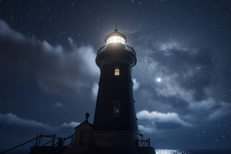 Lighthouse with beam glowing in the dark against background of starry sky. Navigation for ships at sea. Created with Generative AIの素材