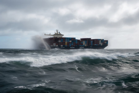 Cargo ship with containers on board in stormy sea. Strong waves damaged cargo ship, wrecked containers in water. Created with Generative AIの素材