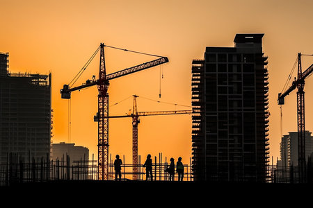 Engineers silhouettes at construction site. Builder workers team at sunset. Urban infrastructure development. Created with Generative AIの素材