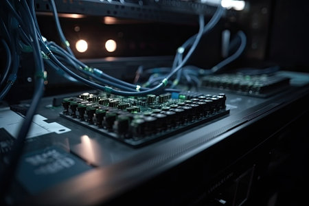 Network cables connected into switches. Ethernet router in data center. Digital information transmission equipment. Created with Generative AIの素材
