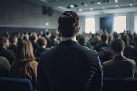 Back view of public speaker giving talk in conference hall at business event. Person makes speech in front of public. Created with Generative AIの素材