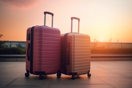 Two suitcases in airport terminal. Traveler luggage waiting for trip. Travel concept. Created with Generative AIの素材