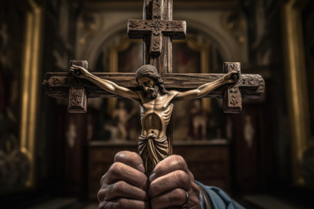 Church priest holds religious cross in hands, close up. Prayer in church. Concept of faith in God. Created with Generative AIの素材