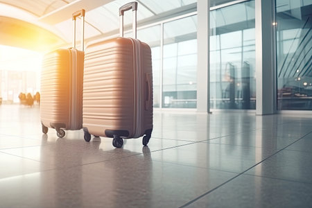 Two suitcases in airport terminal. Traveler luggage waiting for trip. Travel concept. Created with Generative AIの素材