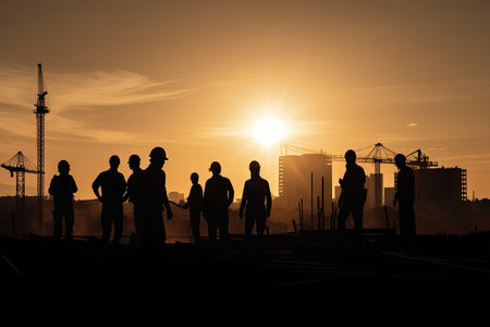 Engineers silhouettes at construction site. Builder workers team at sunset. Urban infrastructure development. Created with Generative AIの素材