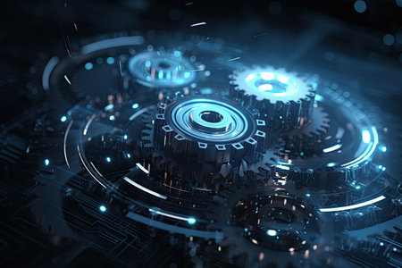 Digital gear wheels on circuit board. High technology engineering. Created with Generative AIの素材