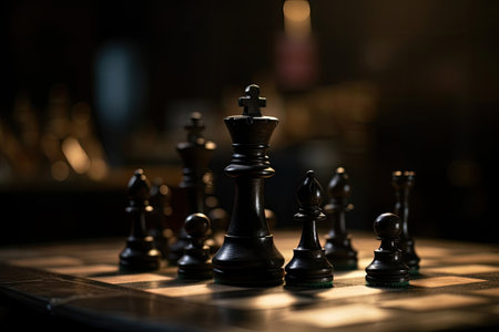 Chess pieces on chessboard, dark background. Strategy and tactics for winning. Created with Generative AIの素材