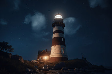 Lighthouse with beam glowing in the dark against background of starry sky. Navigation for ships at sea. Created with Generative AIの素材