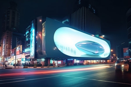Futuristic city with neon glowing billboard at street. Cyberpunk background. Created with Generative AIの素材