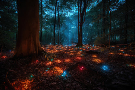 Magic fairy tale forest at night. Fantasy forest with glowing lights. Created with Generative AIの素材