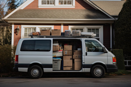 Open cargo van with cardboard boxes, moving into new house. Mover company service. Created with Generative AIの素材