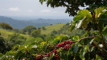 Coffee tree with fresh red coffee beans on coffee plantation. Ripening coffee berry, organic harvest. Created with Generative AIの素材