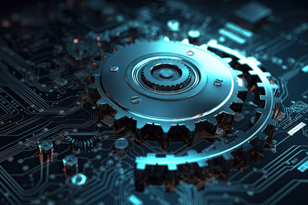 Digital gear wheels on circuit board. High technology engineering. Created with Generative AIの素材