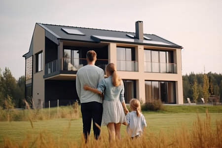 Man and woman dream of buying new house. Happy family stands in front of their new home. Real estate purchasing. Created with Generative AIの素材