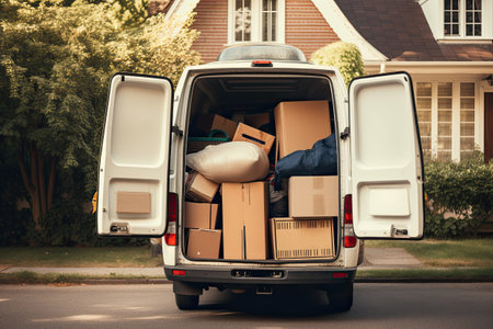 Open cargo van with cardboard boxes, moving into new house. Mover company service. Created with Generative AIの素材