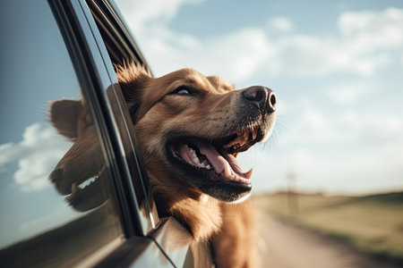 Happy dog looks out from car window. Road trip with dog. Created with Generative AIの素材