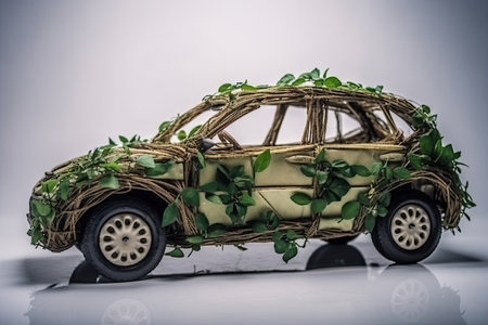 Car made of natural green plants. Eco friendly transportation. Zero emission and no pollution transport concept. Created with Generative AIの素材