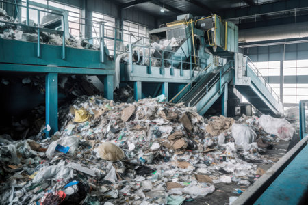 Recycling plant. Conveyor belt with pile of waste. Sorting garbage factory. Created with Generative AIの素材