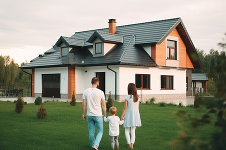 Man and woman dream of buying new house. Happy family stands in front of their new home. Real estate purchasing. Created with Generative AIの素材