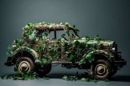 Car made of natural green plants. Eco friendly transportation. Zero emission and no pollution transport concept. Created with Generative AIの素材