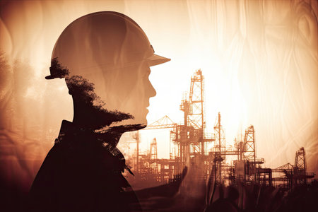 Industrial worker silhouette with oil refinery plant as background. Engineer in helmet against heavy industry factory background. Oil and gas industry. Created with Generative AIの素材