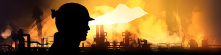 Industrial worker silhouette with oil refinery plant as background. Engineer in helmet against heavy industry factory background. Oil and gas industry. Created with Generative AIの素材