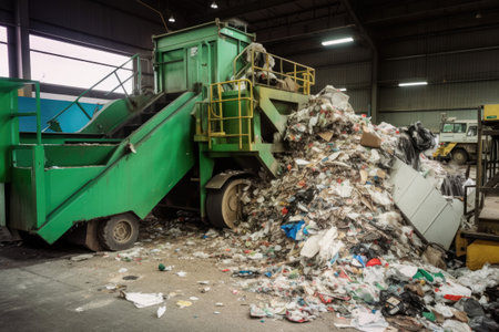 Recycling plant. Conveyor belt with pile of waste. Sorting garbage factory. Created with Generative AIの素材