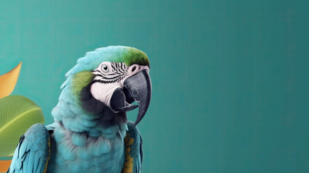Parrot on bright background. Wallpaper with tropical bird. Exotic fauna banner with macaw parrot, copy space. Created with Generative AIの素材