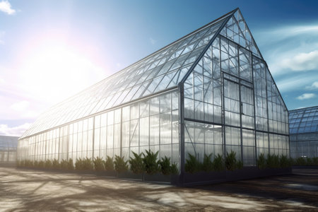 Plants in greenhouse. Growing organic products in modern greenhouse. Created with Generative AIの素材