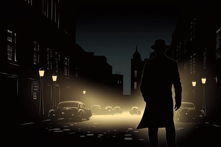 Silhouette of a man in a hat and coat on a night street. Gangster, mafia or old fashioned detective on mission. Noir style. Created with Generative AIの素材